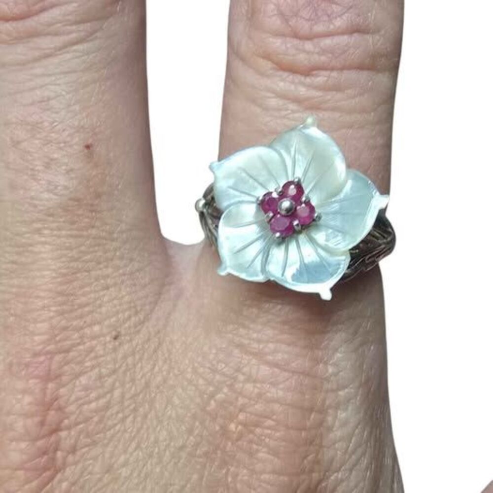 Vintage Lee Sands 925 Sterling Silver Carved Mother-of-Pearl Flower W/ Ruby Clus